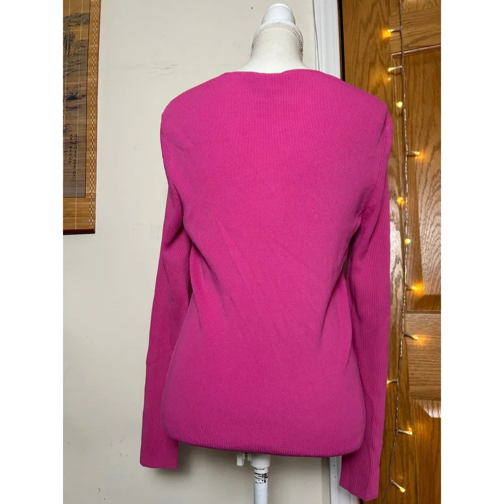 Pink Ribbed Button‎ Up Knit Cardigan Long Sleeve Chic Casual Preppy Women's M